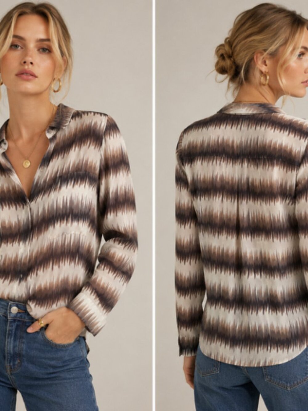 BCBGMAXAZRIA Anderson Silk Blouse Black Brown Cream Ikat Print Size M